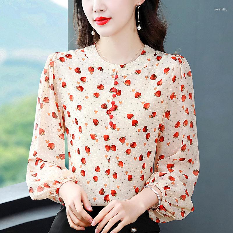 

Women's Blouses Ladies Top Mulberry Silk Printed Shirt Women's Early Spring 2023 Fashion Long Sleeve Loose All Match Blouse Z100, As show