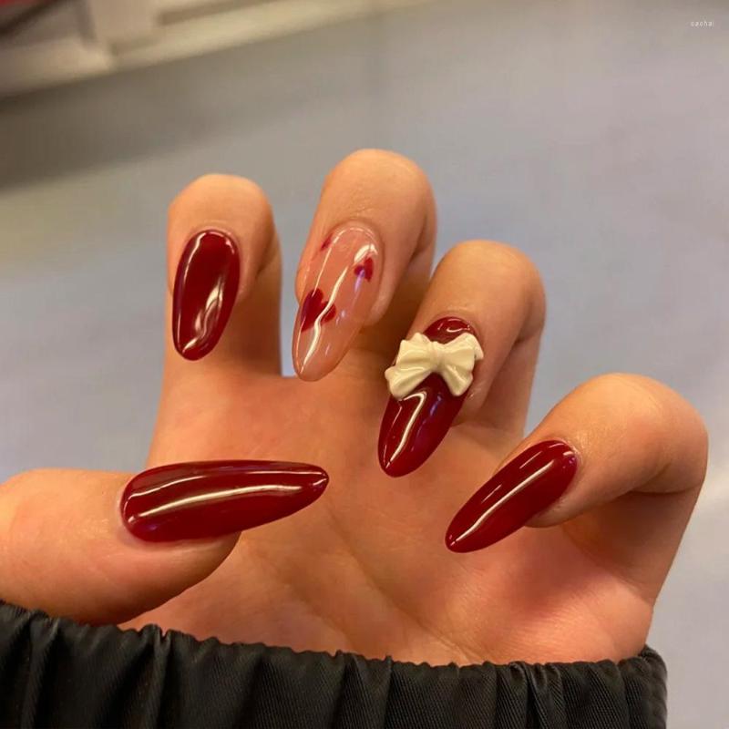 

False Nails 24Pcs/Box Red Long Heart With Glue Bow Pearl Decoration Press On Matte Ballet Full Cover Fake Manicure Finger Tips, Jia 04