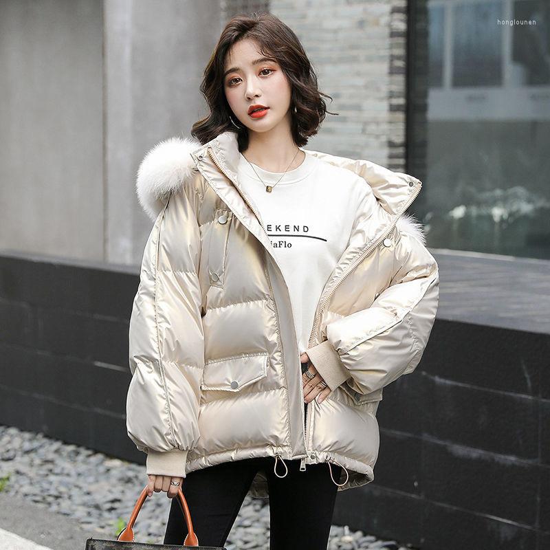 

Women's Trench Coats Women Jacket 2023 Winter Parkas Female Glossy Down Cotton Jackets Korean Loose Short Hooded Casual Warm Parka Outwear, Black