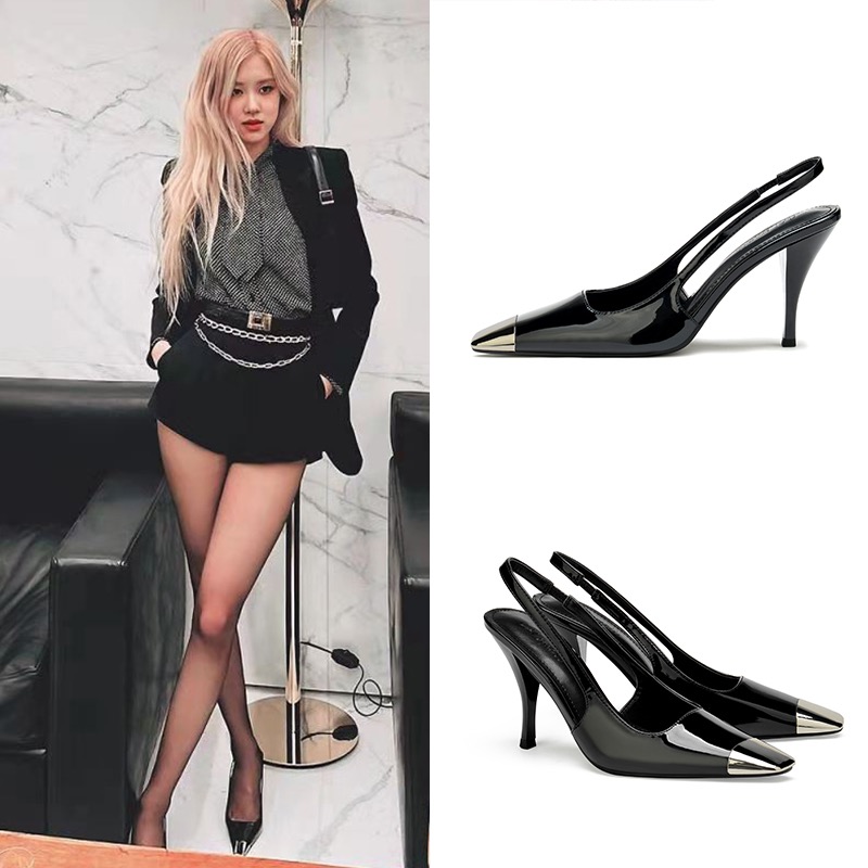 

High-heeled women's 2023 spring and autumn new style Park Caiying rose same metal square head black patent leather wrap sandals Designers Sandals, Black close hell 6cm