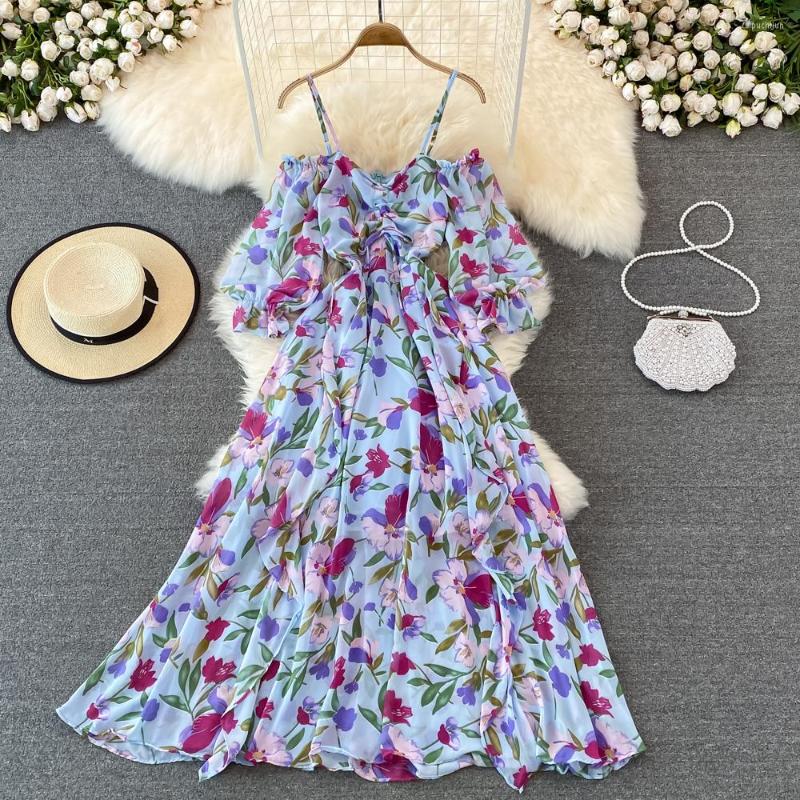 

Casual Dresses Summer Floral Dress Women Vestido Robe Sexy Off Shoulder Long Slash Neck Spaghetti Strap Backless Chiffon Beach, Black