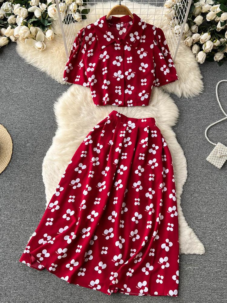 

Work Dresses YuooMuoo Fashion Flower Print Two Piece Set Women Dress Streetwear Short Blouse Shirts Tops And High Waist Midi Skirts, Deep blue