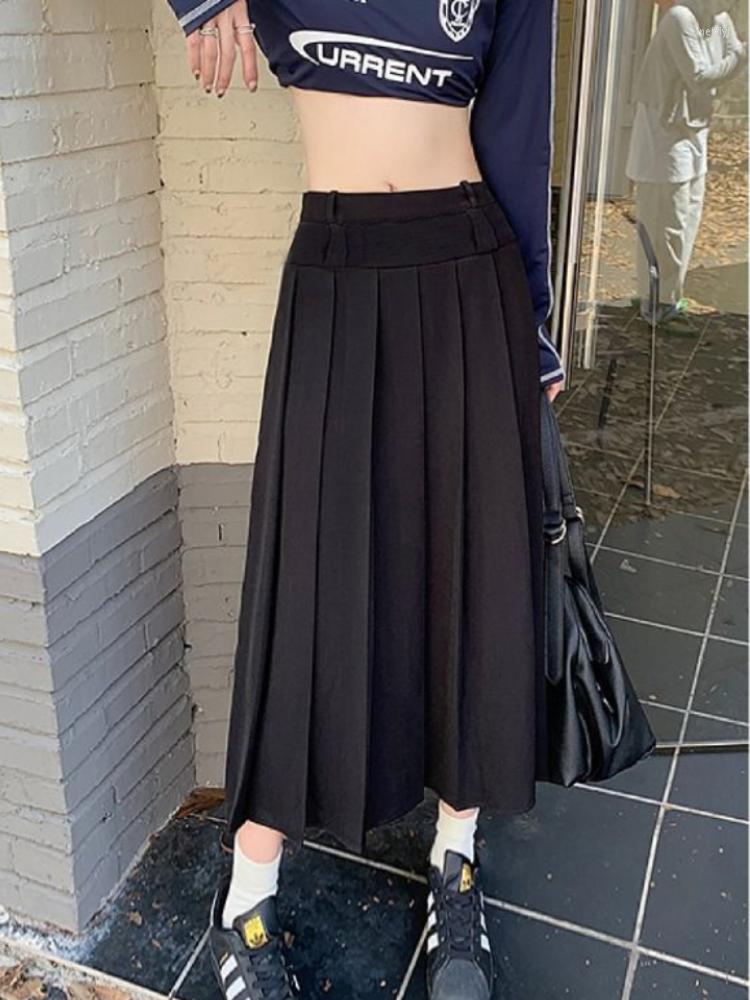 

Skirts Korean Vintage Pleated Skirt Long Women Autumn Low Rise Preppy Style Casual A-Line Midi For Girls 90s Streetwear, Black