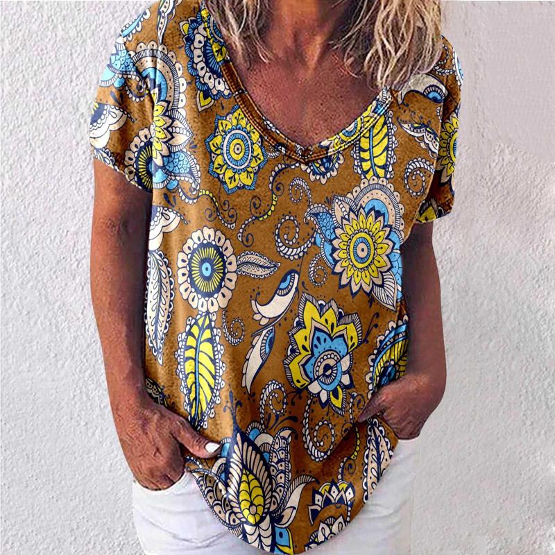 

Women' T Shirts 2023 Women Vintage Print Tunic V-neck Top Short Sleeve Loose Shirt Blouse Super Comfy High Quality Tops Fast, Khaki