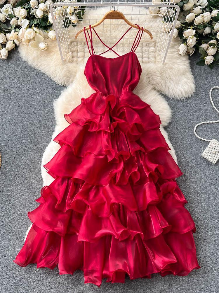 

Casual Dresses French Off Shoulder Cascading Ruffle Cake Dress Women Summer High Waist Party Slim Temperament Night Suspender Elegant, Black