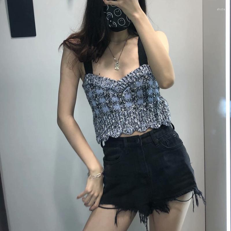 

Women' Tanks Women' Fashion Texture Short Tweed Knitted Vest Suspenders Retro Square Collar Sleeveless Bottoming Plaid Halter Female, Blue