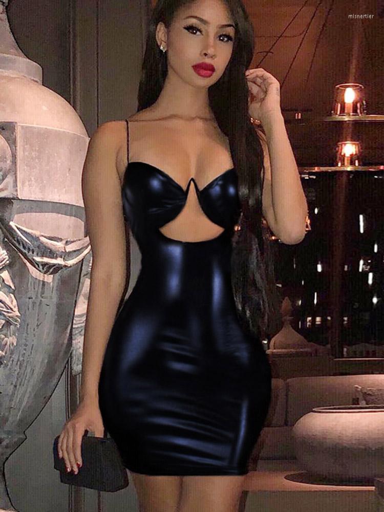 

Casual Dresses PU Spaghetti Straps Hollow Out Sexy High Waist Slim Black Solid 2023 Summer Women Fashion Party Bodycon Mini Dress