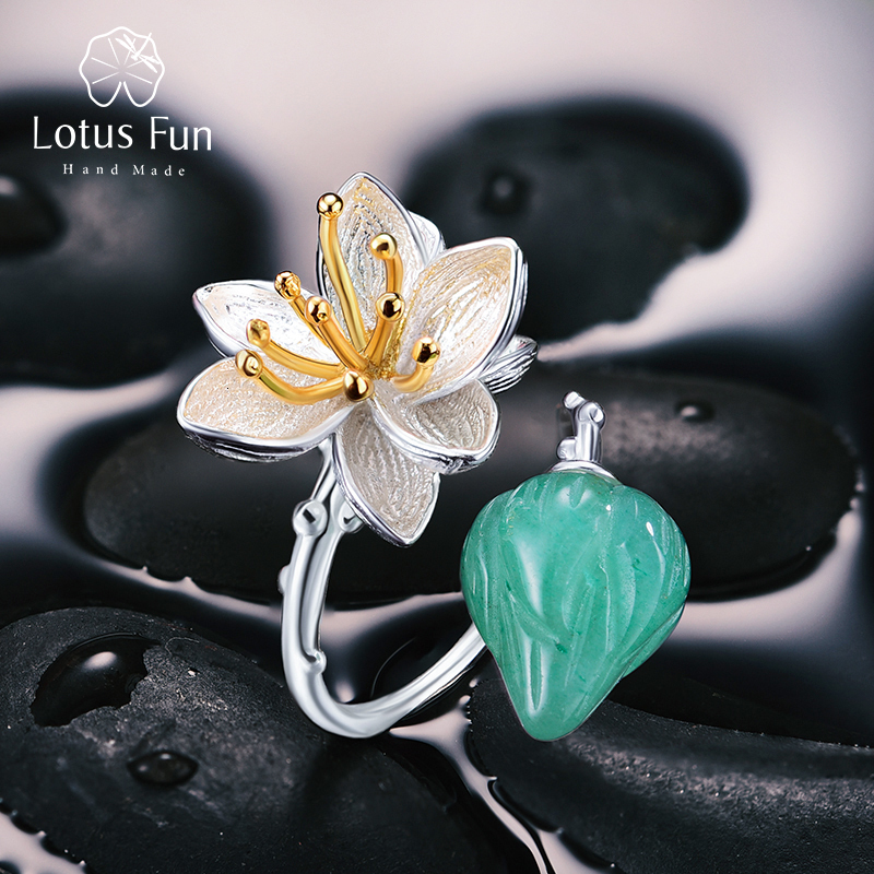 

Wedding Rings Lotus Fun Real 925 Sterling Silver Natural Aventurine Gemstones Flower Ring Fine Jewelry Lotus Whispers Rings for Women Bijoux 230313