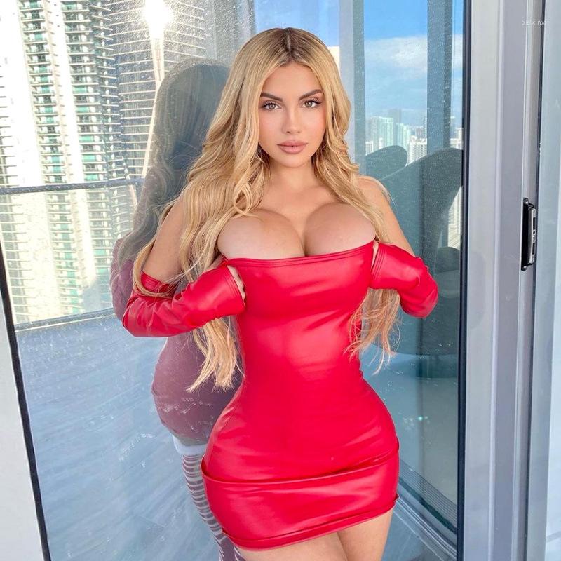 

Casual Dresses Designed Personality Street 2023 Sexy Pu Tube Top Cinched Waist Slim-Fit Nightclub Women' Bag Hip Sleeve Dress, Brown