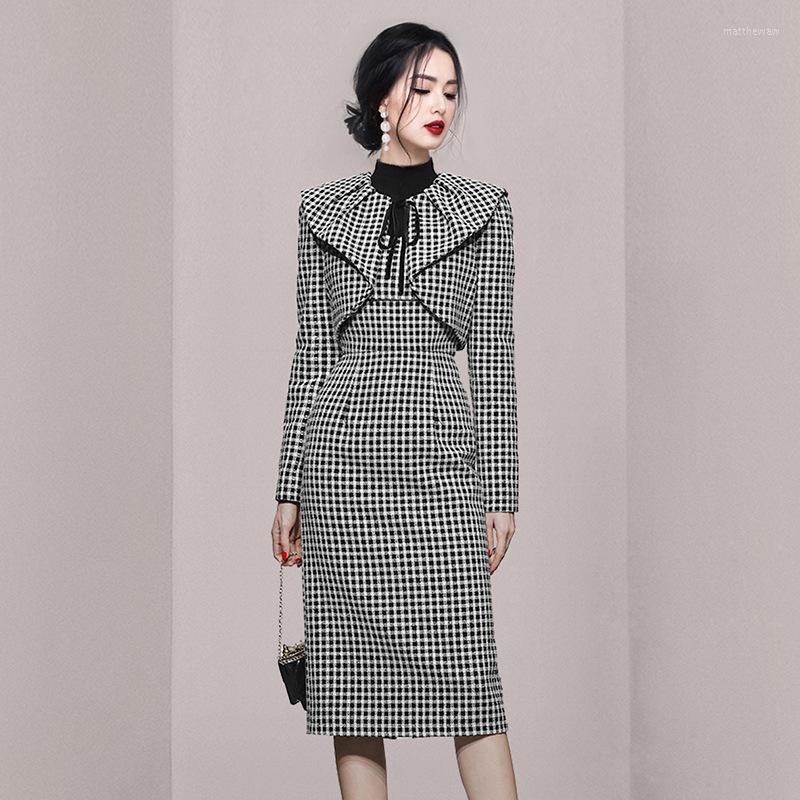 

Work Dresses Autumn Winter Fall Outfits Women 2023 Plaid Slim Suspender Midi Dress Fashion Short Tops Coat Two Piece Set Clothing, As shown