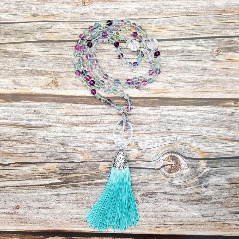 

Pendant Necklaces LiiJi Nice Quality Fluorite Stone 6mm Clear Quartzs Tassel Bohemia Long Hand Made Mala 108 Beads Necklace Drop