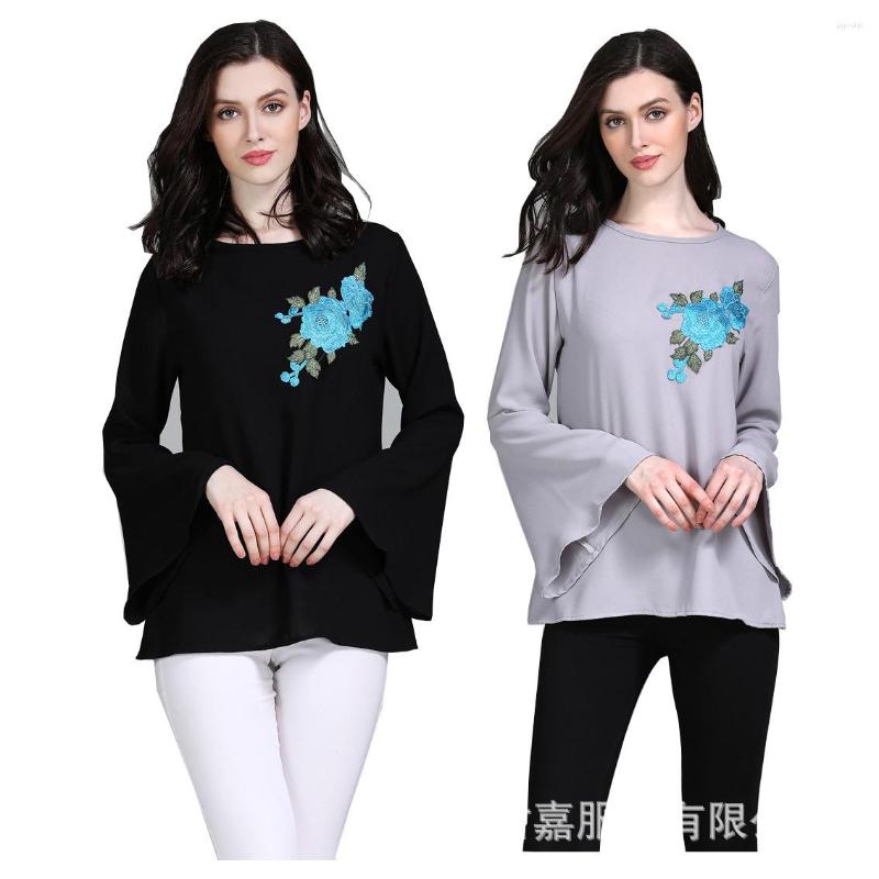 

Women's Blouses Flare Sleeve Embroidery Blouse Long Casual Women Top Islamism For Muslim Fashion, Gray