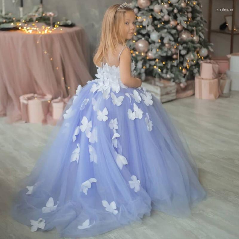 

Girl Dresses Flower Lace Appliques Blue Formal Event Dress Up Back Beautiful Party Gowns, Custom color