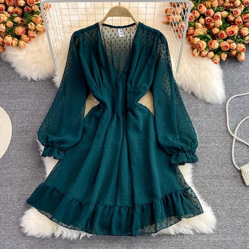 

Casual Dresses ZCWXM Summer Ins Women Chiffon Dress Elegant Ruffle Wave Point Sexy V-neck Slim Long Puff Sleeve Party Night Mini Green, Black