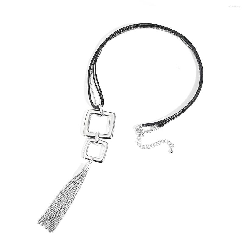 

Pendant Necklaces ALLYES Vintage Geometric Square Collares Necklace For Women Long Tassel Black Leather Charm Jewelry
