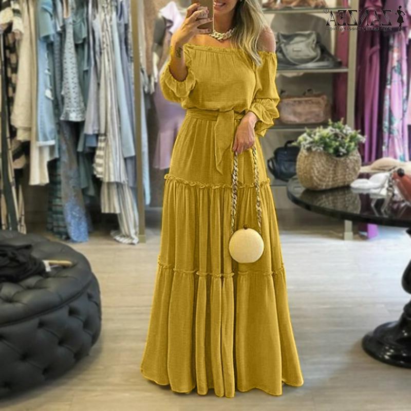 

Casual Dresses Fashion Off Shoulder Vestidos Female Lace Up Belted Dresses Beach Holiday Ruffle Robe Womens Bohemian Long Maxi Dress 5X Kvkb, Yellow
