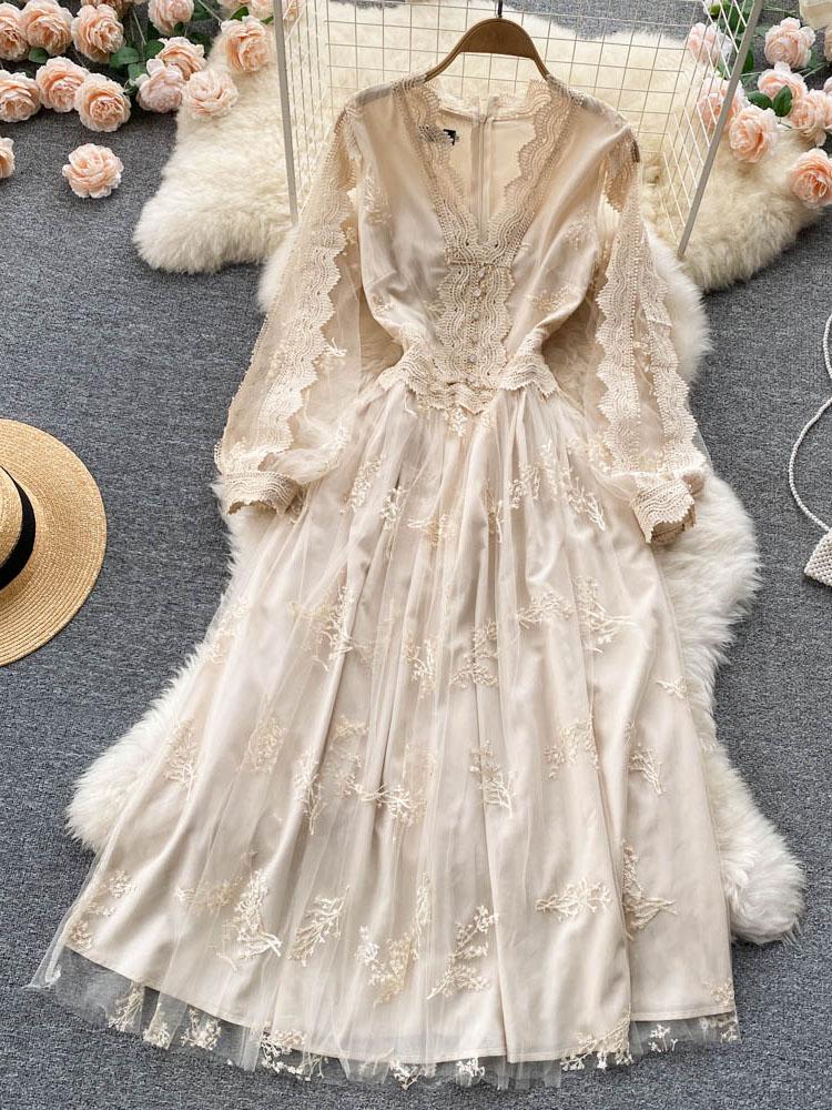 

Casual Dresses Spring Women High-quality Lace Party Mesh Dress Elegant V-neck Long Sleeves Slim Robe Korean A-line Vestidos Female, Green