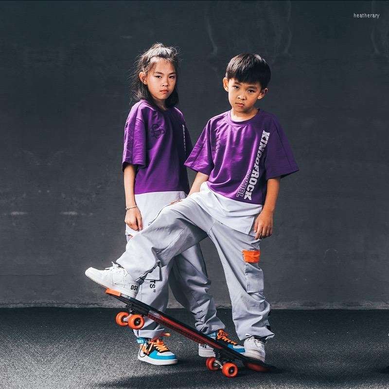 

Stage Wear Children Hip Hop Dance Rave Clothes Purple Shirts Cargo Pants Streetwear Boys Jazz Modern Performance Costumes DQS10156, Top