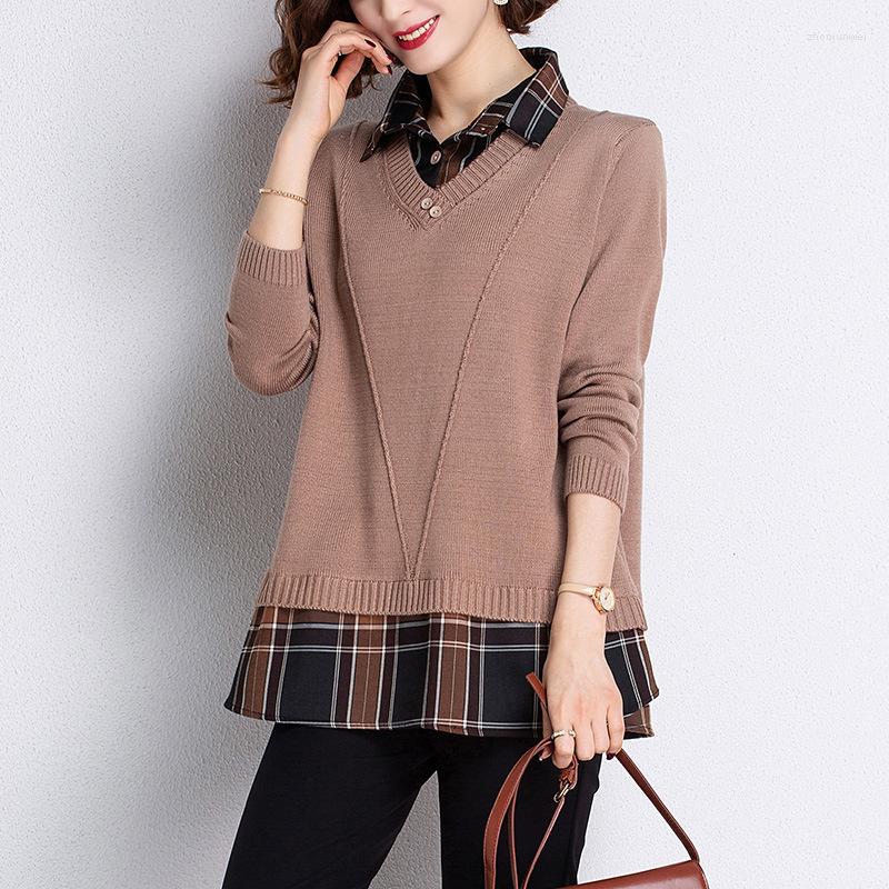 

Women's Sweaters Womens Sweater 2023 Spring Autumn Shirt Collar Fake Two Pullover Loose Casual Knitting Jumper Tops Ladies, Brown