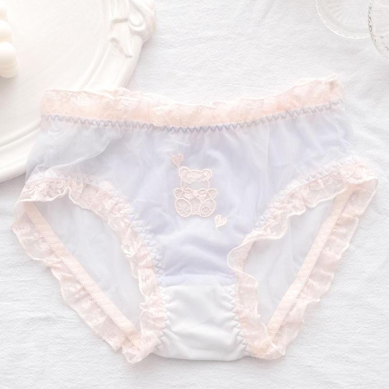 

Women's Panties Bear Lace Embroidery Cute Women's Low Waist Briefs Bowknot Underpants Sweet Lolita Ruffles Thin Mesh Girls Underwear