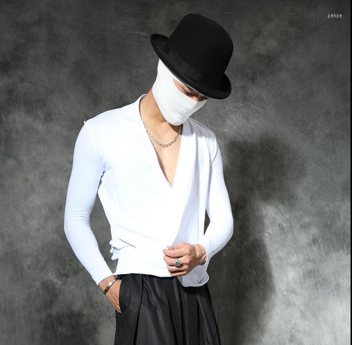 

Men' T Shirts Male Autumn Personality V-neck Shirt Men T-shirt Slim Long-sleeve Basic Asymmetrical Black White