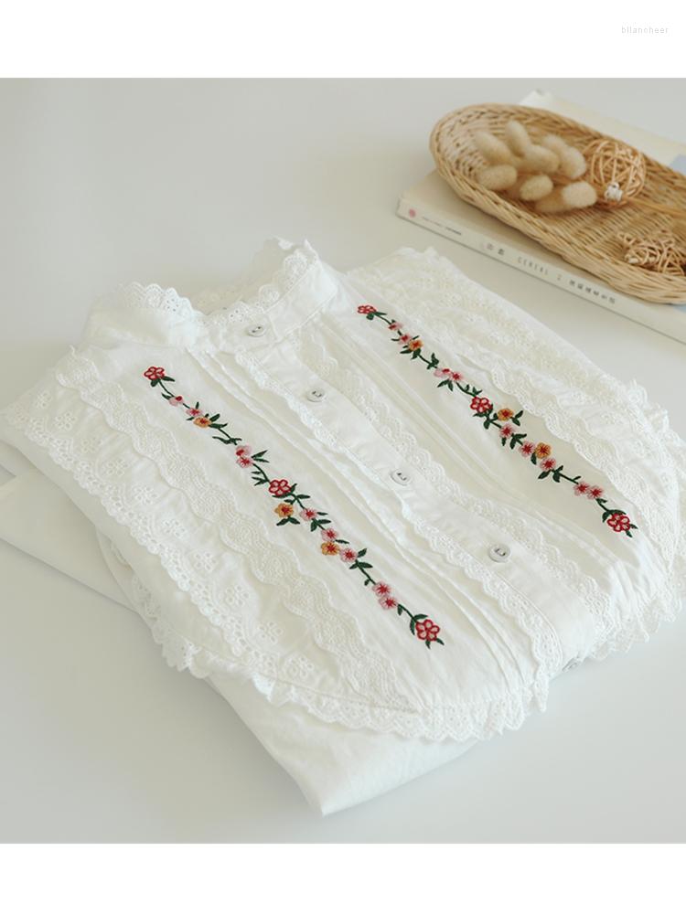 

Women's Blouses Lamtrip Boutique Lace Stitch Pleated Vine Embroidery Ruffled Collar Shirt Long Sleeve Blouse 2023, White