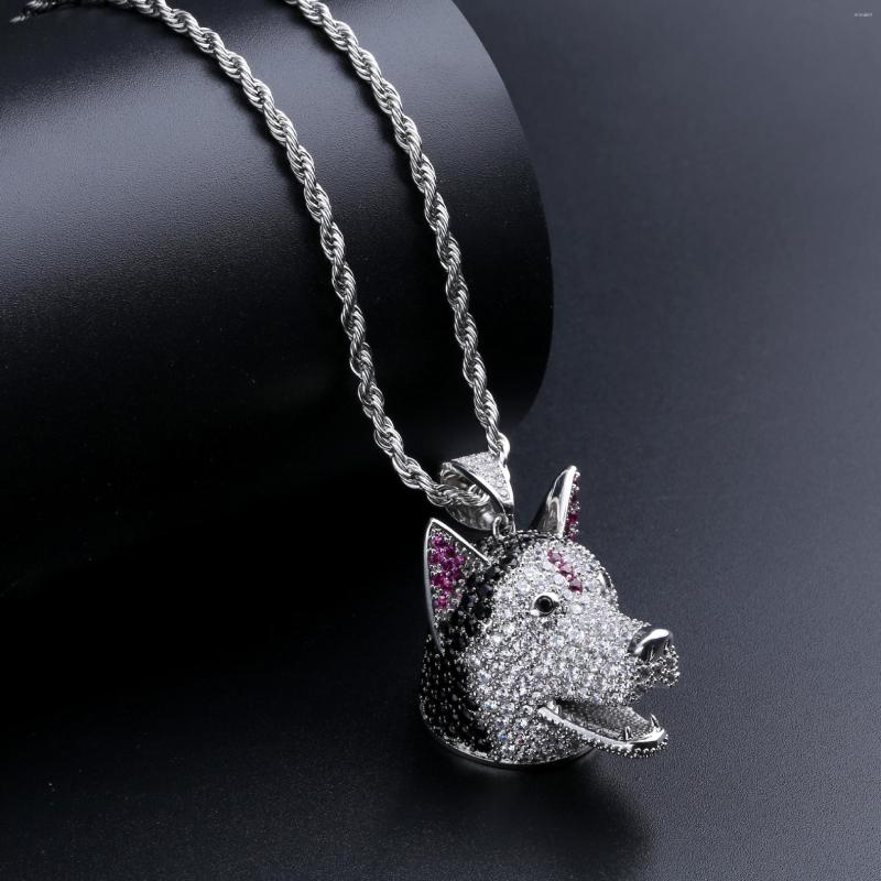 

Pendant Necklaces Black White Cubic Zirconia Paved Iced Out Bling Silly Husky Pet Dog Pendants Necklace For Men Hip Hop Rapper Jewelry