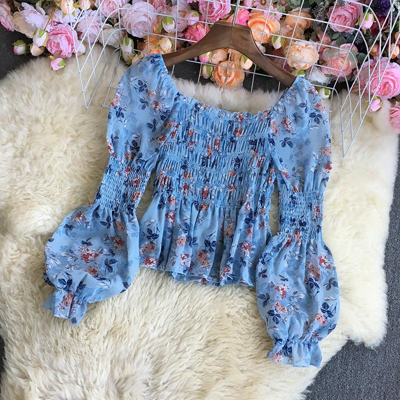 

Women's Blouses & Shirts Floral Printed Sweet Blouse Puff Long Sleeve Crop Top Korean Fashion Tops Femme Blusas Women Clothing DropWomen's, Green