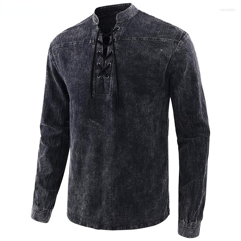 

Men's Casual Shirts Mens Tie Dye Lace Up Pirate Shirt Washed Cotton Retro Style Medieval Gothic Men Viking Hippie Halloween Cosplay Matching, Black