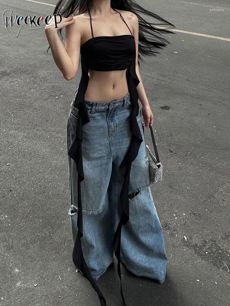 

Women' Tanks Weekeep Chic Ruffles Ribbon Women' Tube Top Solid Sleeveless Skinny Knit Crop Tops 2023 Summer Strap Halter Shirts Y2k, Black