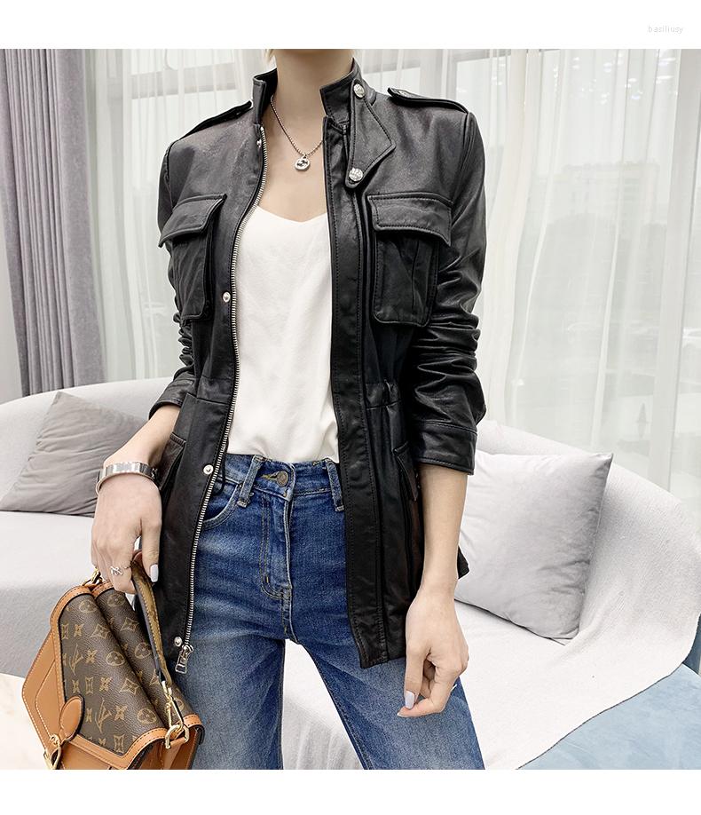 

Women' Leather 2023 Real Jacket Women Vintage Sheepskin Coat Spring Autumn Motorcycle Biker Jackets Veste Cuir Femme KJ, Black