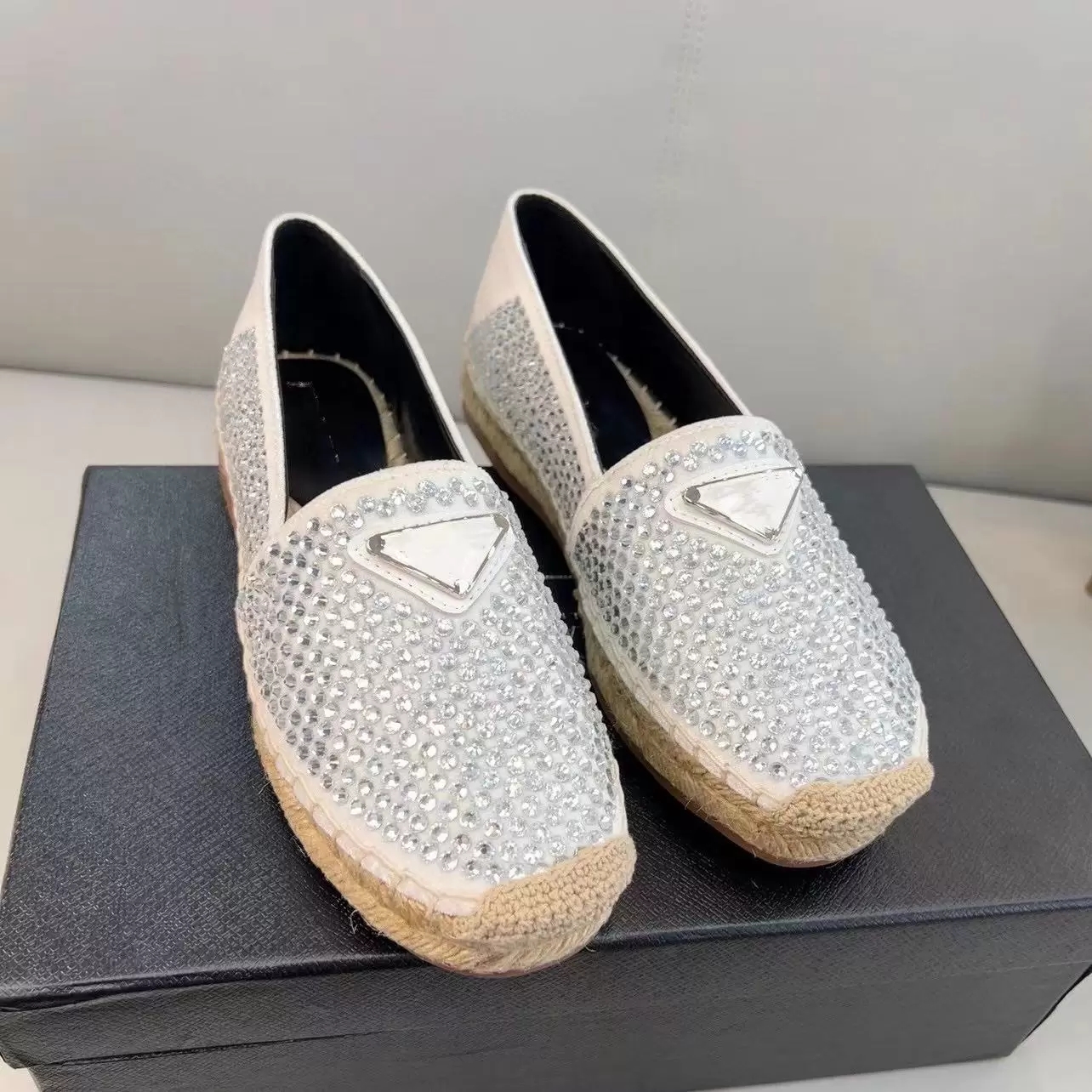 

Women jacquard espadrille Designer Flat Shoes Leather Espadrilles Loafers Canvas Fashion Lady Girls Summer White Calfskin Casual Shoes WIth logo size 35-42 havebox