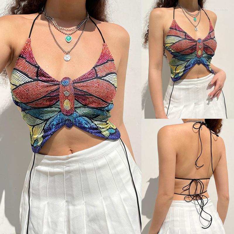 

Women's Tanks Women Summer Sexy Halter V-Neck Camisole Harajuku Aesthetic Colorful Butterfly Print Denim Crop Top Backless Beach Slim Tie, 20851 color