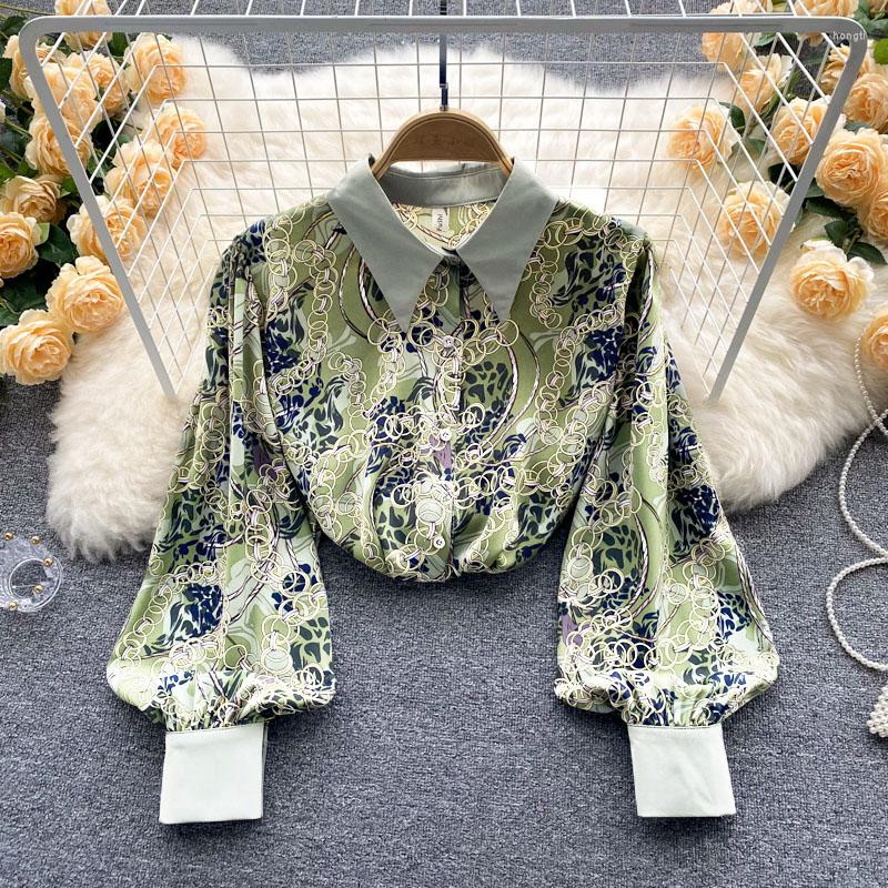 

Women's Blouses Temperament Elegant Fashion Polo-Neck Single Breasted Chiffon For Women 2023 Office Lady Women's Clothing Korean Top, Green