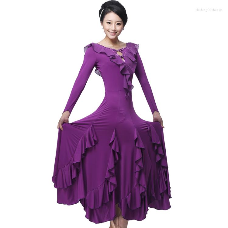 

Stage Wear Adult Ballroom Dance Dress Balck/Red/Purple Practicing Modern Dresses Women Long Sleeve Waltz, Black