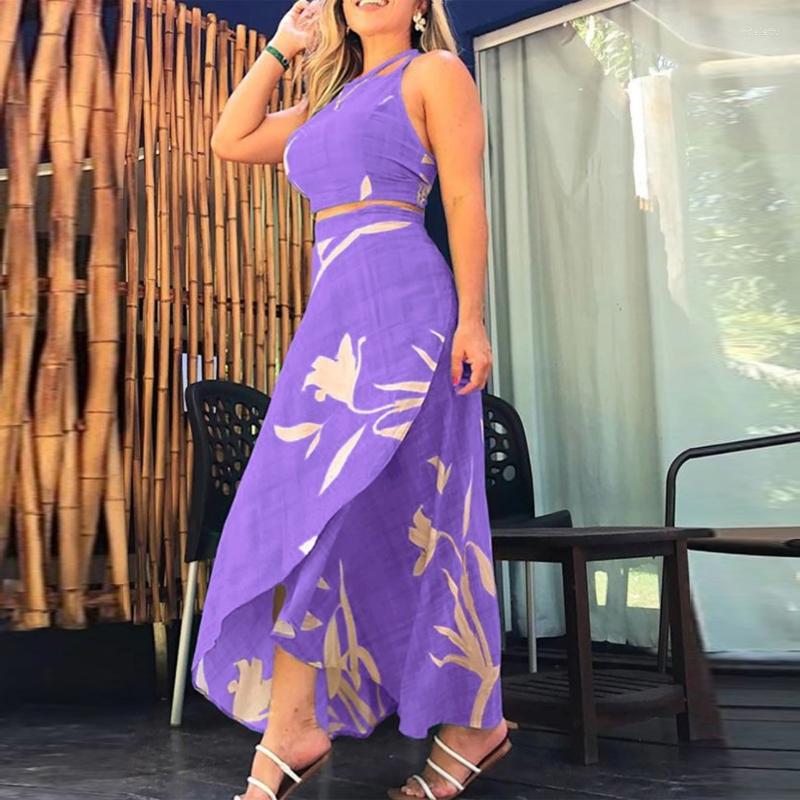 

Women' Tracksuits Elegant Backless Tie-up Crop Top & Long Skirt Suits Women Sexy Sleeveless Party Outfits Fashion Print Cotton Linen, 04 purple