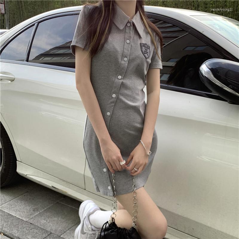

Party Dresses Sexy Bodycon Mini Dress Short Sleeve Slanted Buttons Casual Women Bear Turn Down Collar Streetwear Elegant Preppy, Black