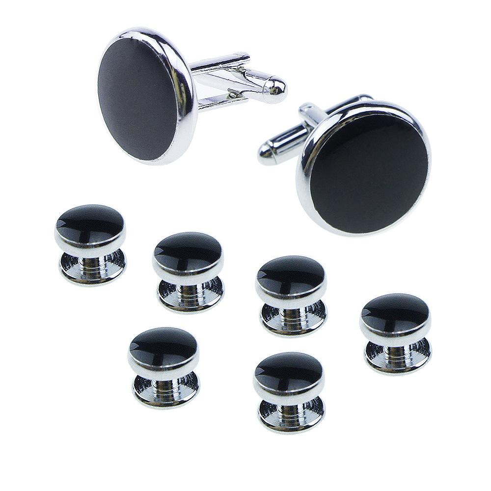 

Mens Cufflinks and Studs Set Tie Clasp Cuff Links Shirts Classic Black&Silver Match for Business Wedding Formal Suit Imitation Rhodium & Gold Plated