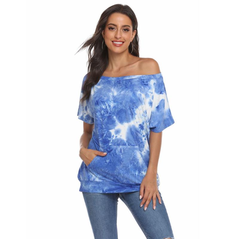 

Women' T Shirts Tie-dyed Summer/autumn 2023 Off-the-shoulder Pocket Top In Solid Color Slant Shoulder T-shirt With Insertion, Blue