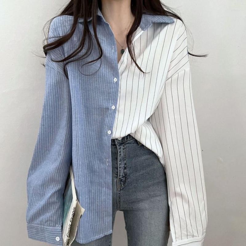

Women's Blouses Blusas Mujer De Moda Vintage Contrast Casual Blue White Stripe Shirt Women Loose Tops Spring Camisas Shirts