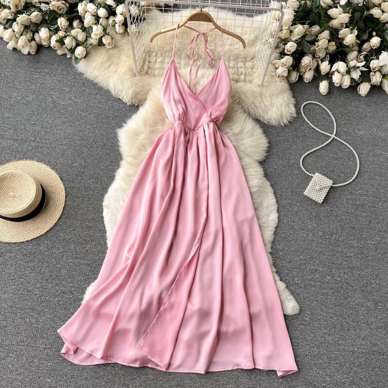 

Casual Dresses ZCWXM Backless Satin Dress 2023 Women Party Vestido Sexy V-neck Neck-mounted Robe Summer Off Shoulder Slim Night Pink
