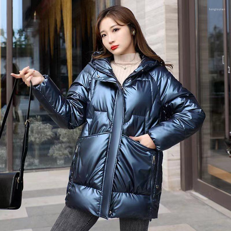 

Women's Trench Coats 2023 Winter Jacket Women Parkas Medium Length Loose Hooded Glossy Down Cotton Parka Female Thick Warm Casual Outwear, Black