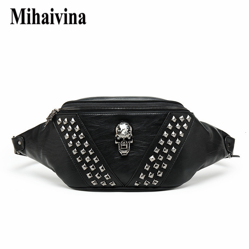 

Waist Bags Mihaivina Punk Rivet Skull Men Women Black Fanny Pack Leather Chest Female Shoulder Messenger Bum 230313