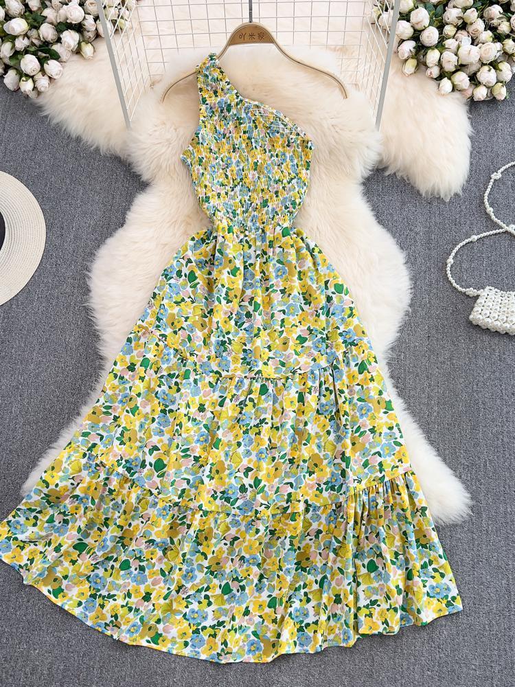 

Casual Dresses ZCWXM Summer One-shoulder Vintage Chiffon Floral Dress Women Design Sweet Sleeveless Beach Style Long Yellow, Blue