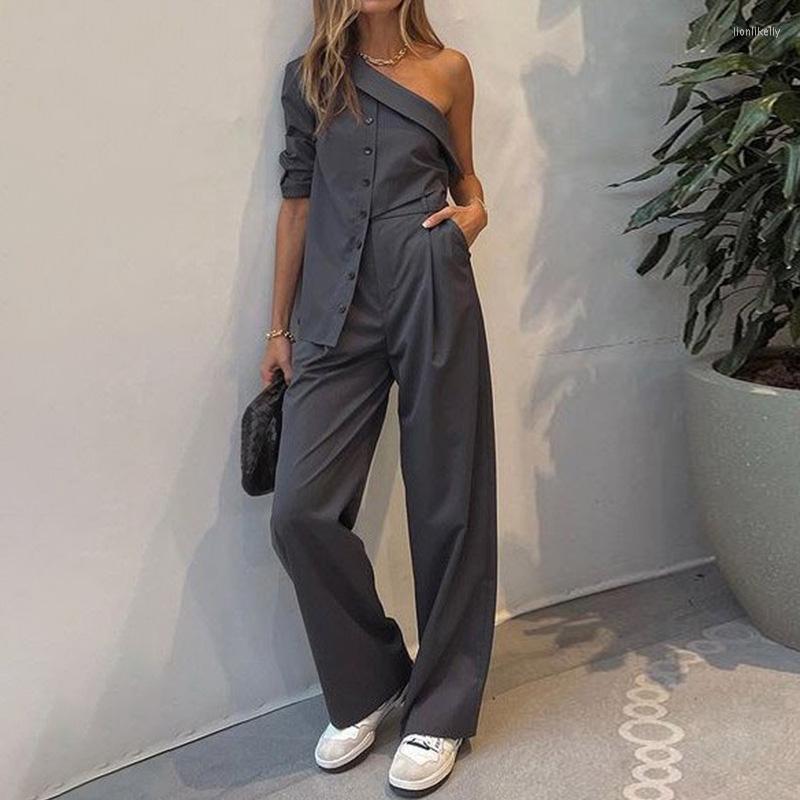 

Women' Tracksuits Women Fahsion Blazer Sets Office Elegant Slash Neck Long Sleeves Tops And Straight Pants Outfits Casual Loose Solid 2Pc, 01 gray
