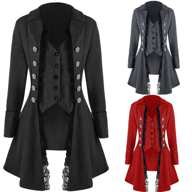 

Women' Jackets Wipalo Autumn Winter Gothic Style Vintage Women Long Coats Solid Triple Buttons Tailcoat Lapel Lace Slim Party Female Outwea, Black