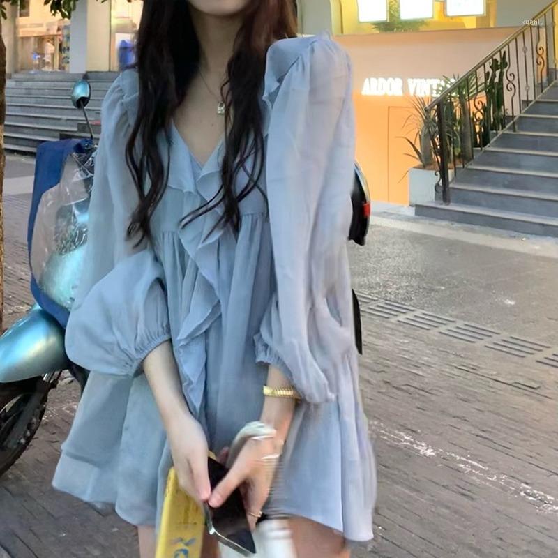

Women' Blouses 2023 Autumn Sweet Elegant Chiffon Blouse Women Blue Casual Korean Fashion Female Ruffle High Street Designer Clothing