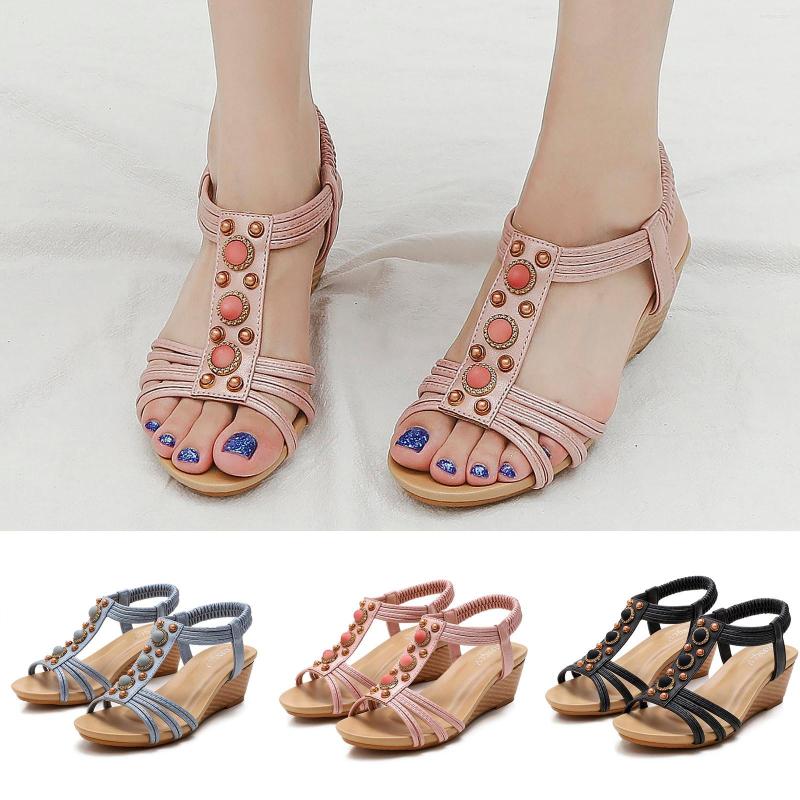 

Sandals Fashion Spring Summer Women Wedge Heel Open Toe Slip On Elastic Band Comfortable Roman Different Color For, Black