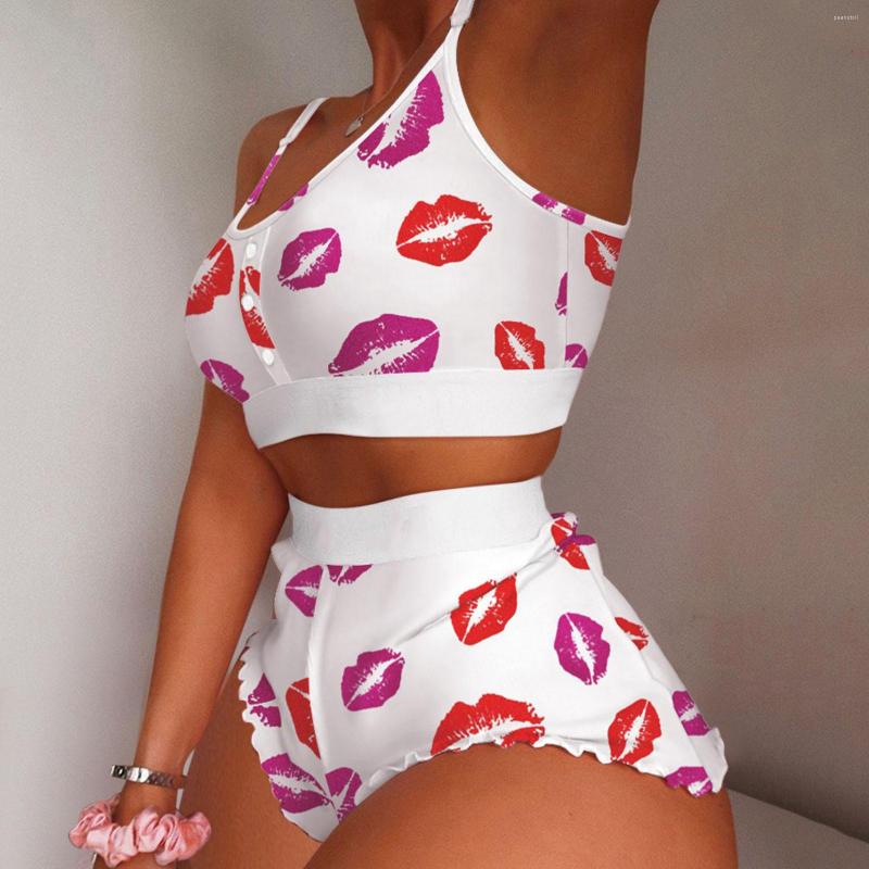 

Women' Sleepwear 2 Pieces Red Lips Pajamas For Girls Set Autumn Women Sleeveless Cami Nightgown Female Ladies Sexy Lingerie Pyjamas, Wh