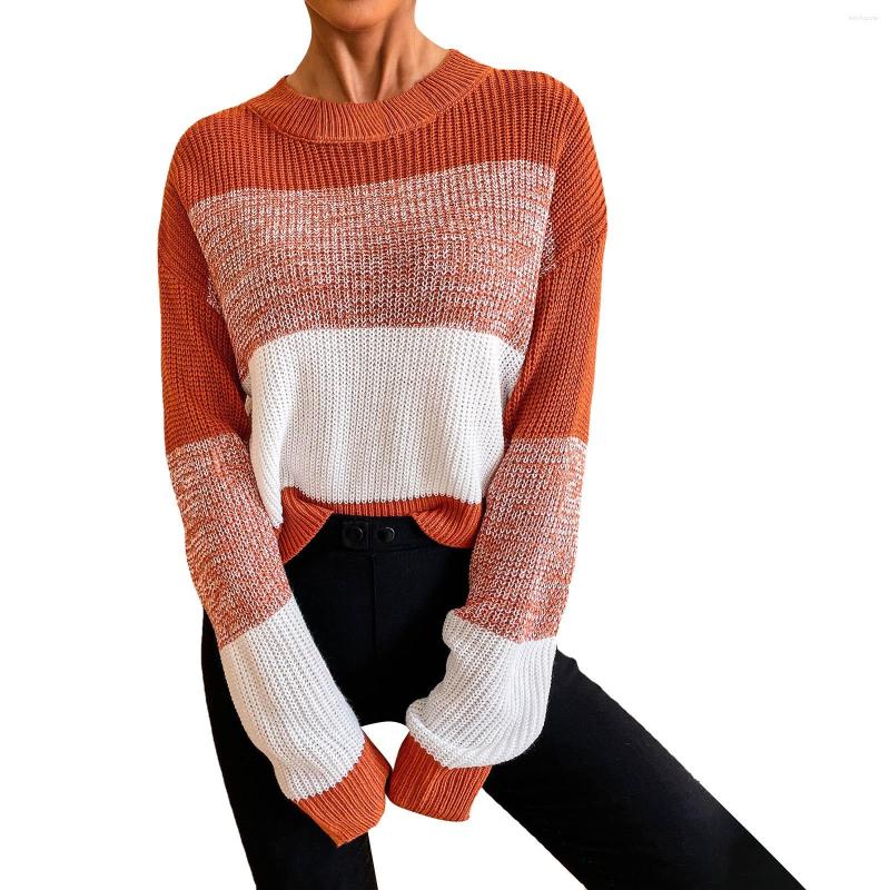 

Women' Sweaters Pullover Outwear Women' Autumn And Winter Round Neck Stripe Collision Color Long Sleeve Knitted Sleeved Sweater, Orange